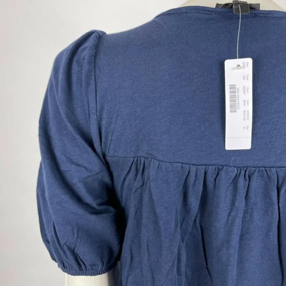 J Crew Puff-sleeve T-shirt Smocked Yoke Short Sleeve Round Neck Navy Women S NWT